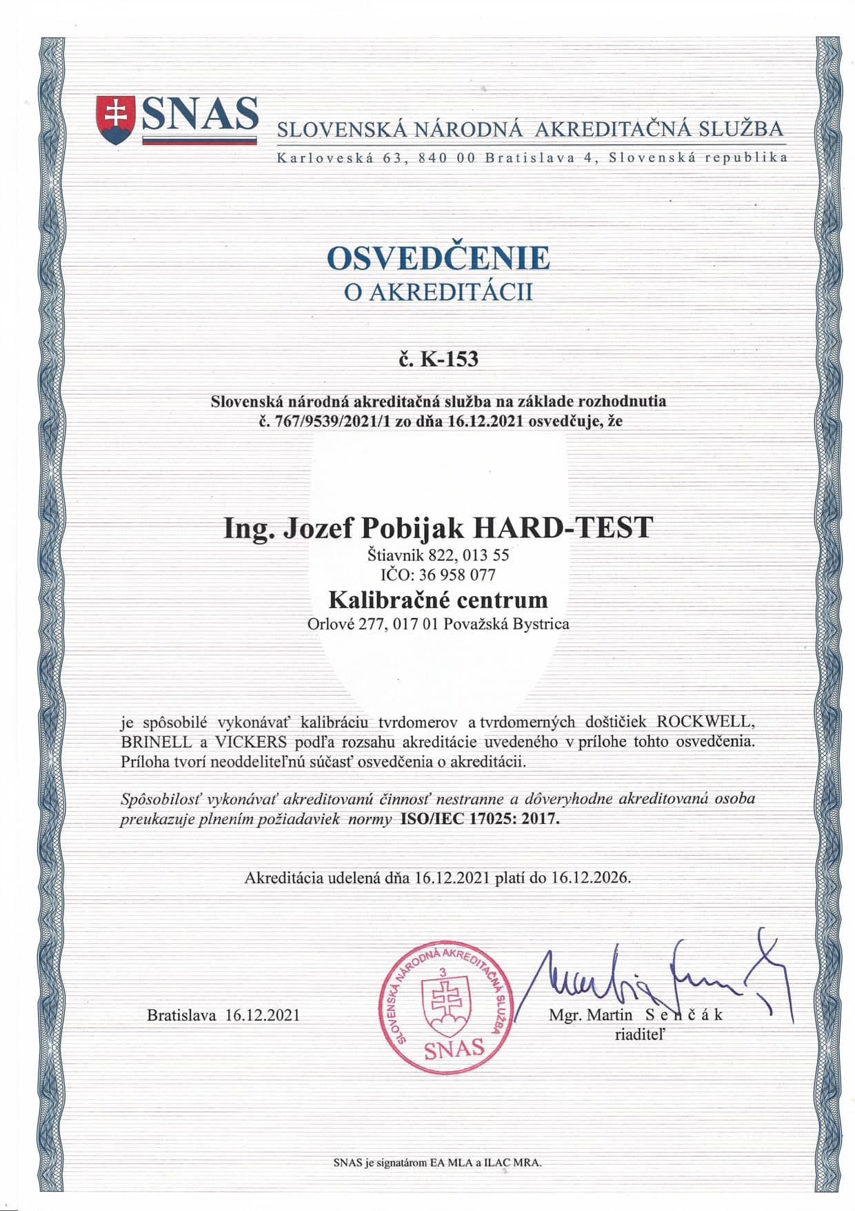 Osvedčenie o akreditácii Hardtest